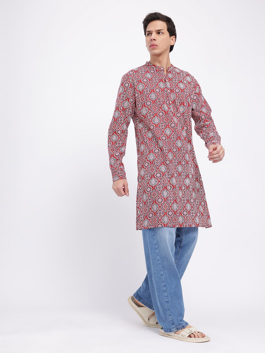 Anouk Rustic Ethnic Motifs Band Collar Printed Straight Kurta-picture-2