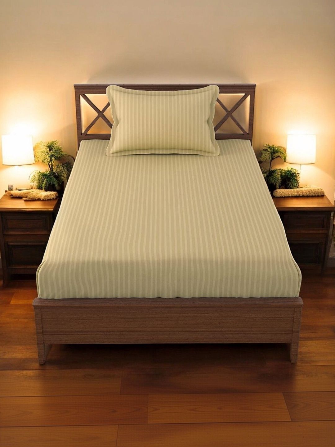 Homybees Beige Striped 220 TC Single Bedsheet with 2 Pillow Covers-image-49
