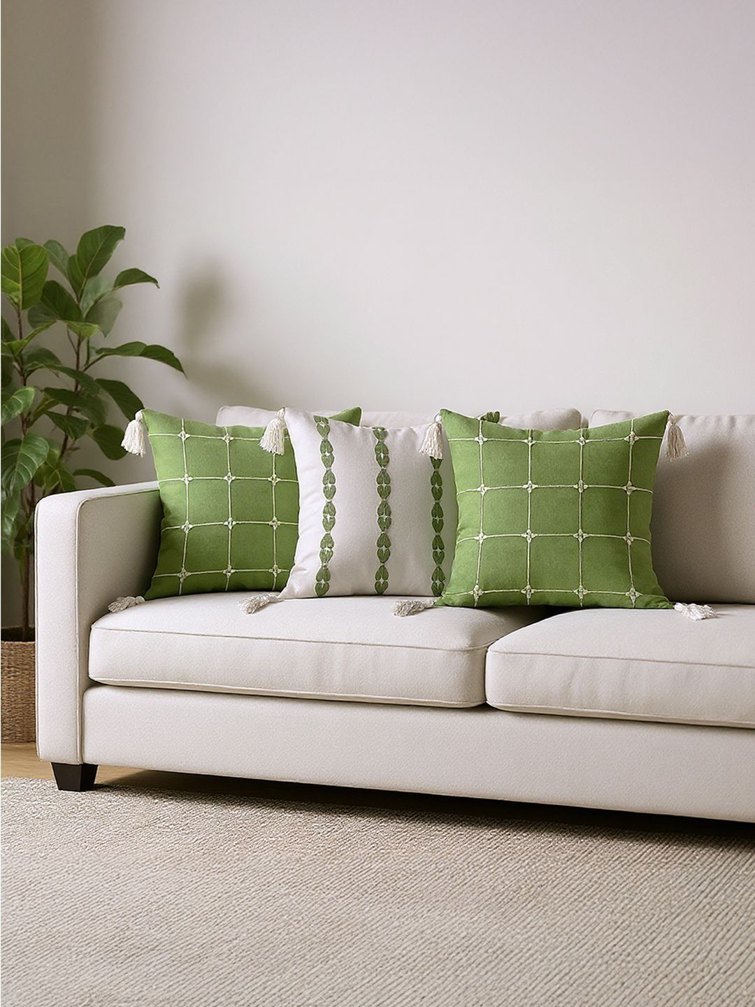 URBAN SPACE Green & White Set of 3 Embroidered Square Cushion Covers-image-48