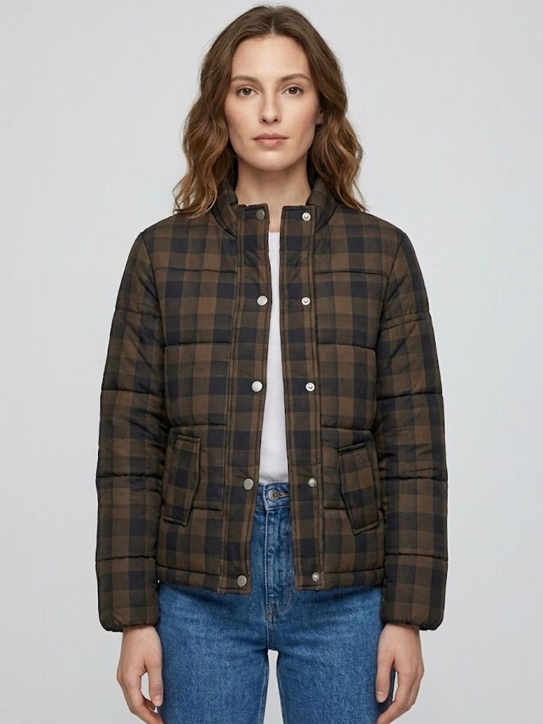 The Roadster Lifestyle Co Checked Mock Collar Padded Jacket-image-19