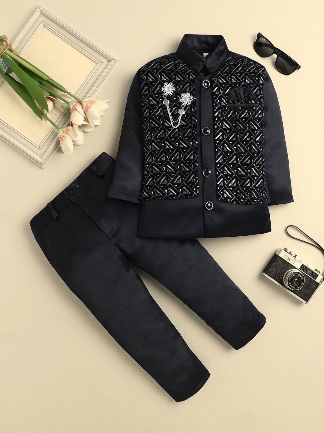 Sangria Boys Embroidered Mandarin Collar Sherwani Set-picture-17