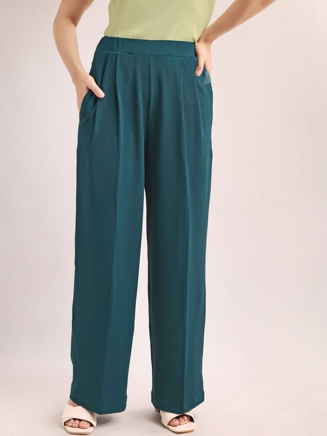 PURVAJA Women Relaxed Straight Leg Loose Fit High-Rise Easy Wash Pleated Trousers-picture-40