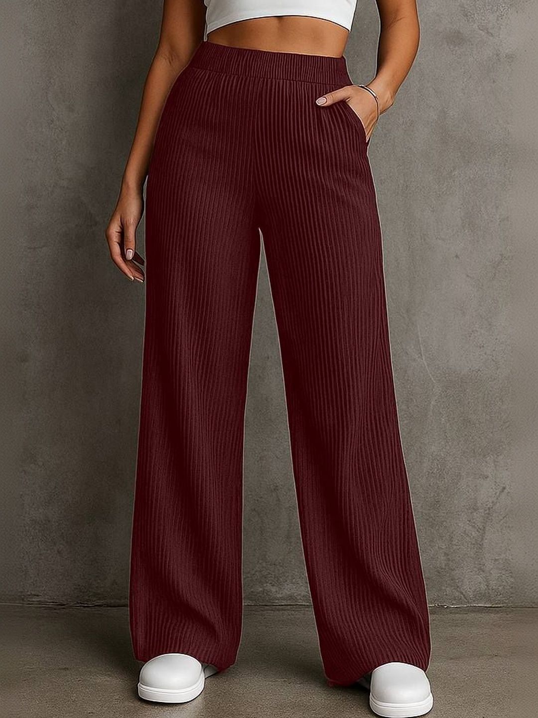 Moda Rapido Women Textured Relaxed High-Rise Corduroy Trousers-picture-13