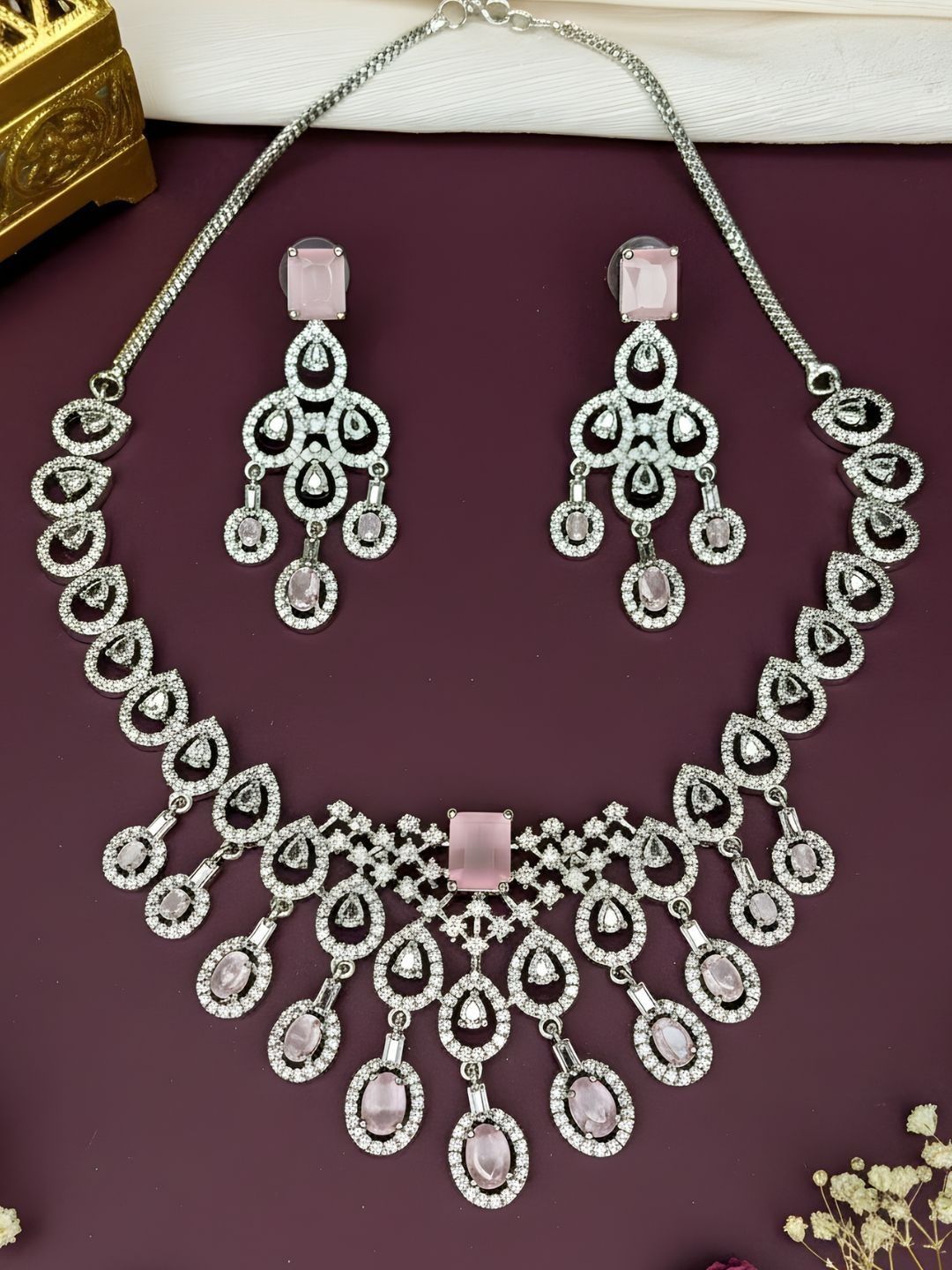 IKSAVA Silver-Plated American Diamond-Studded & Beaded Jewellery Set-picture-49