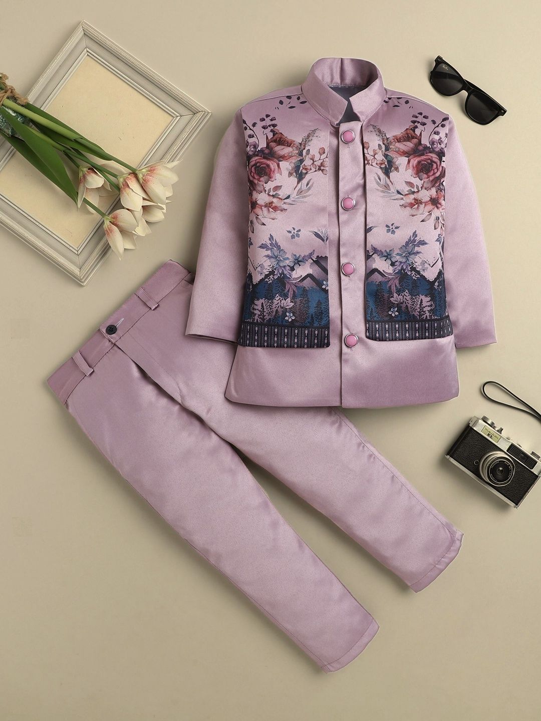 Sangria Boys Floral Printed Mandarin Collar Sherwani Set-picture-26
