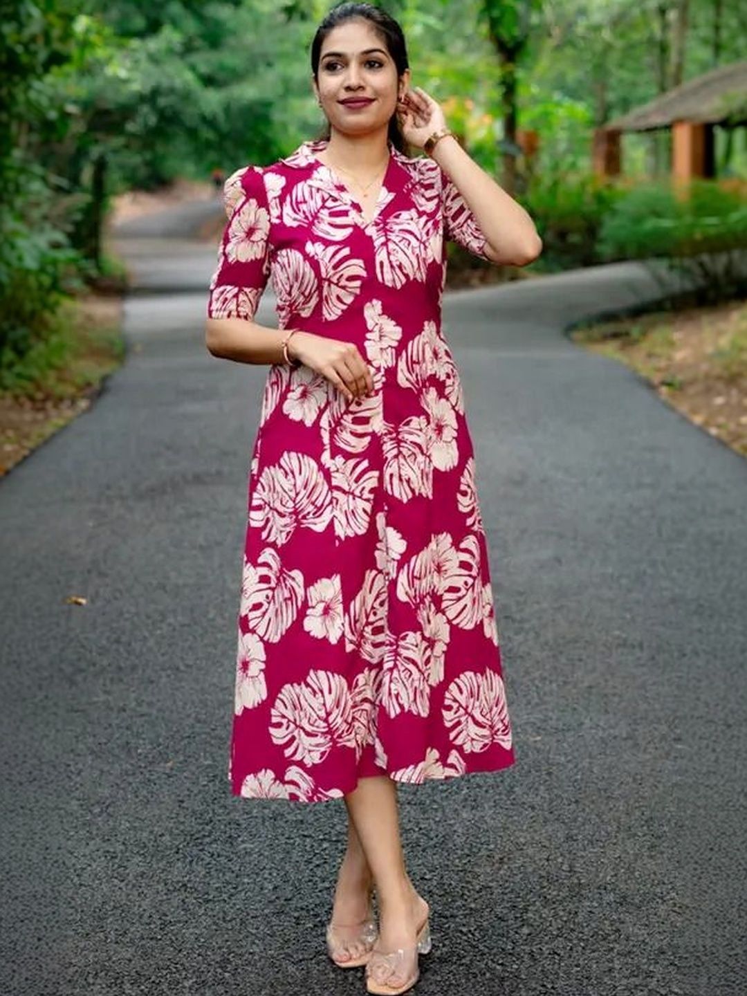 FCV Floral Print Puff Sleeve Fit & Flare Midi Dress-picture-28