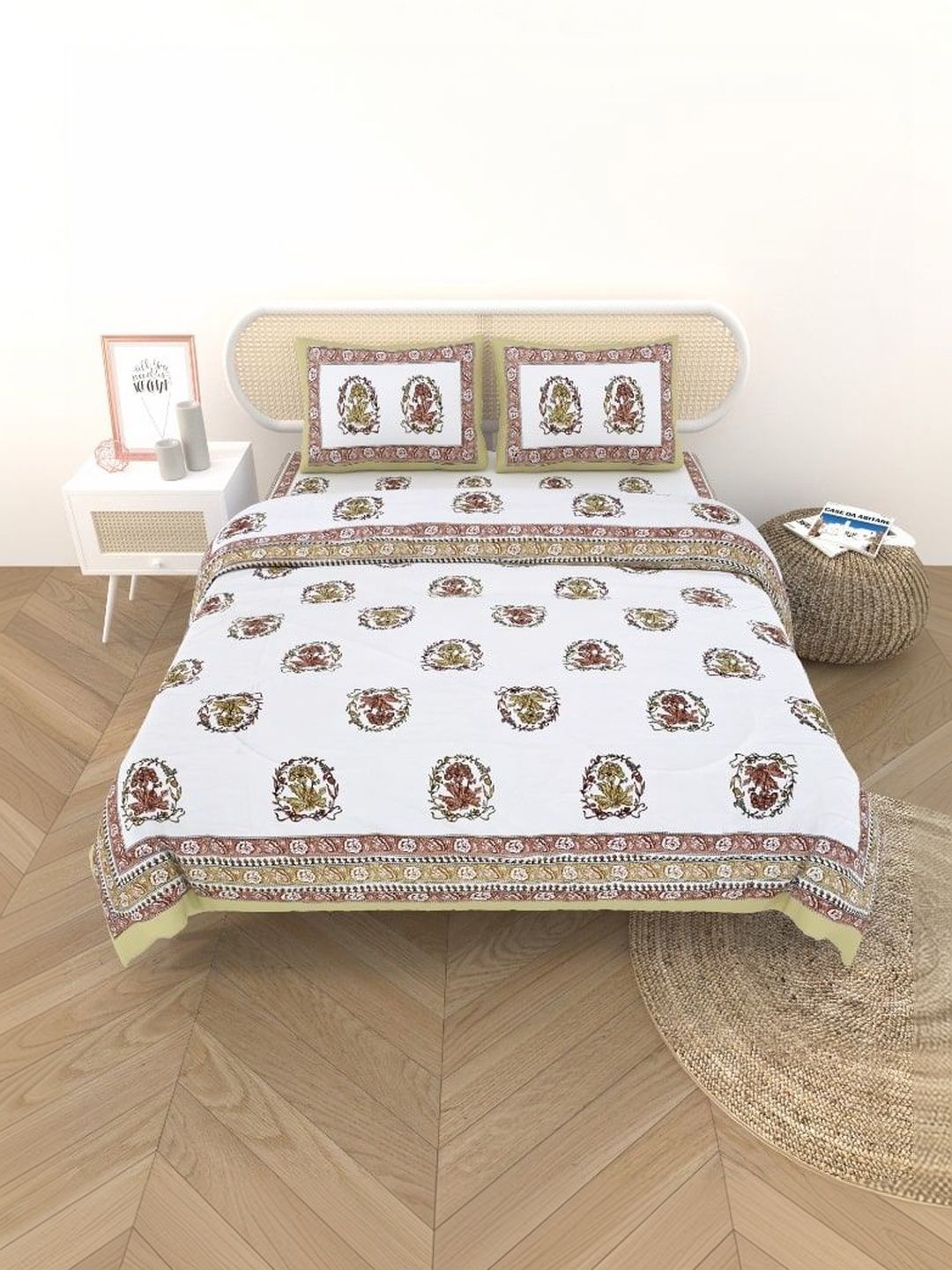 Gulaab Jaipur Green & White Floral Cotton 4 Piece Single Regular Bedding Set-picture-12