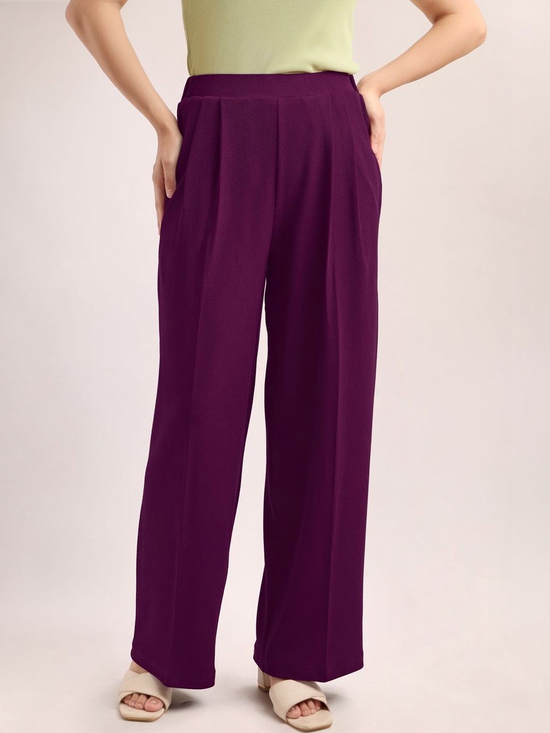 PURVAJA Women Relaxed Straight Leg Loose Fit High-Rise Easy Wash Pleated Trousers-picture-27