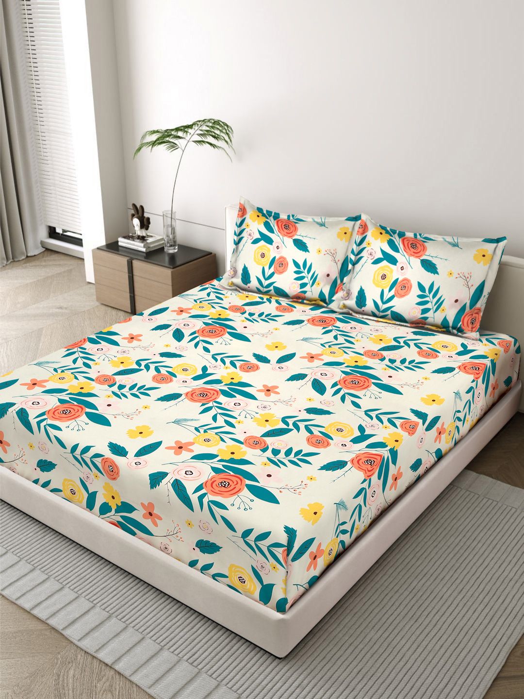 Status Off White Floral 300 TC Bedsheet with 2 Pillow Covers-image-40