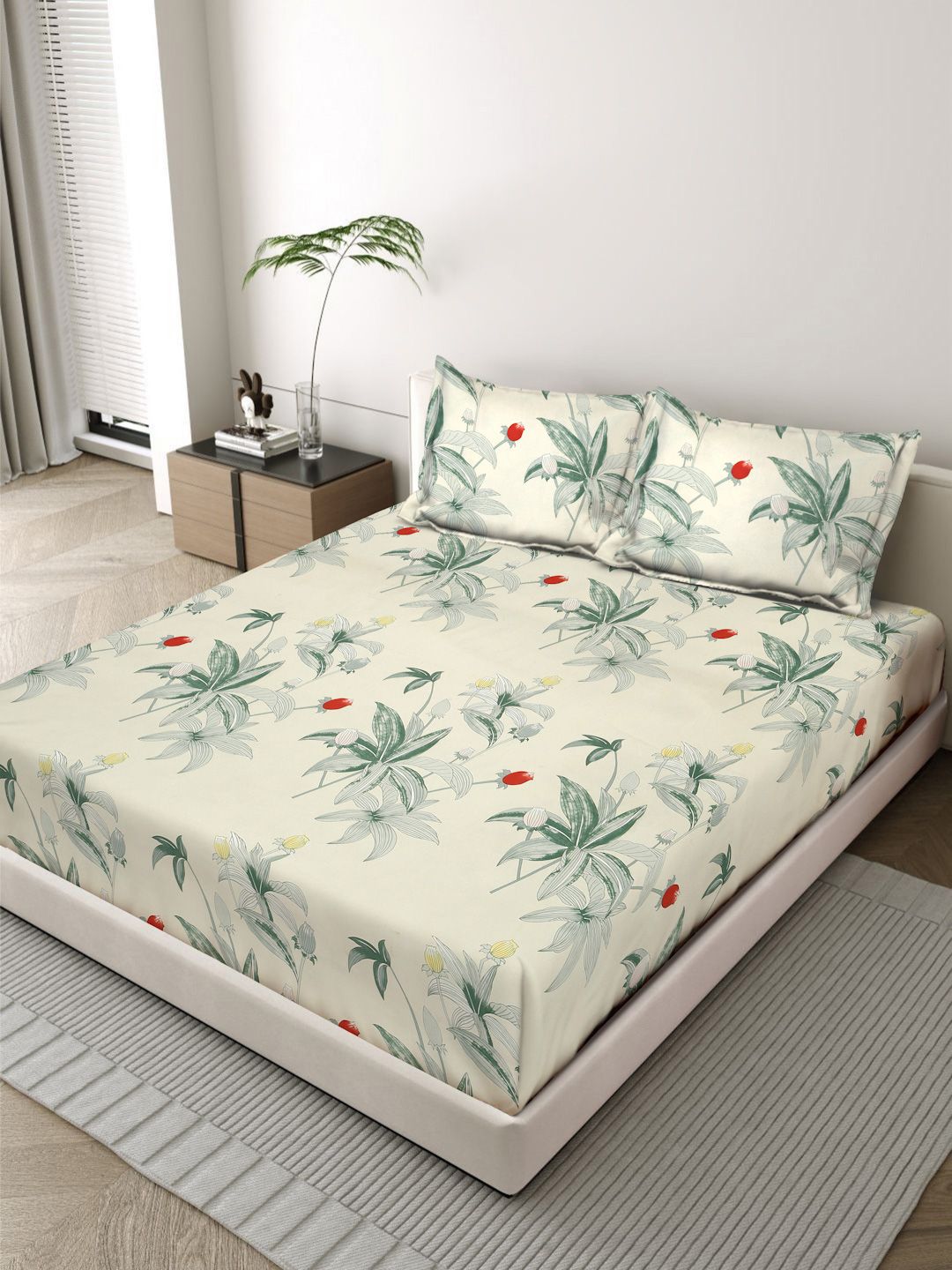 Status Cream-Coloured & Green Floral 300 TC Queen Bedsheet with 2 Pillow Covers-picture-8