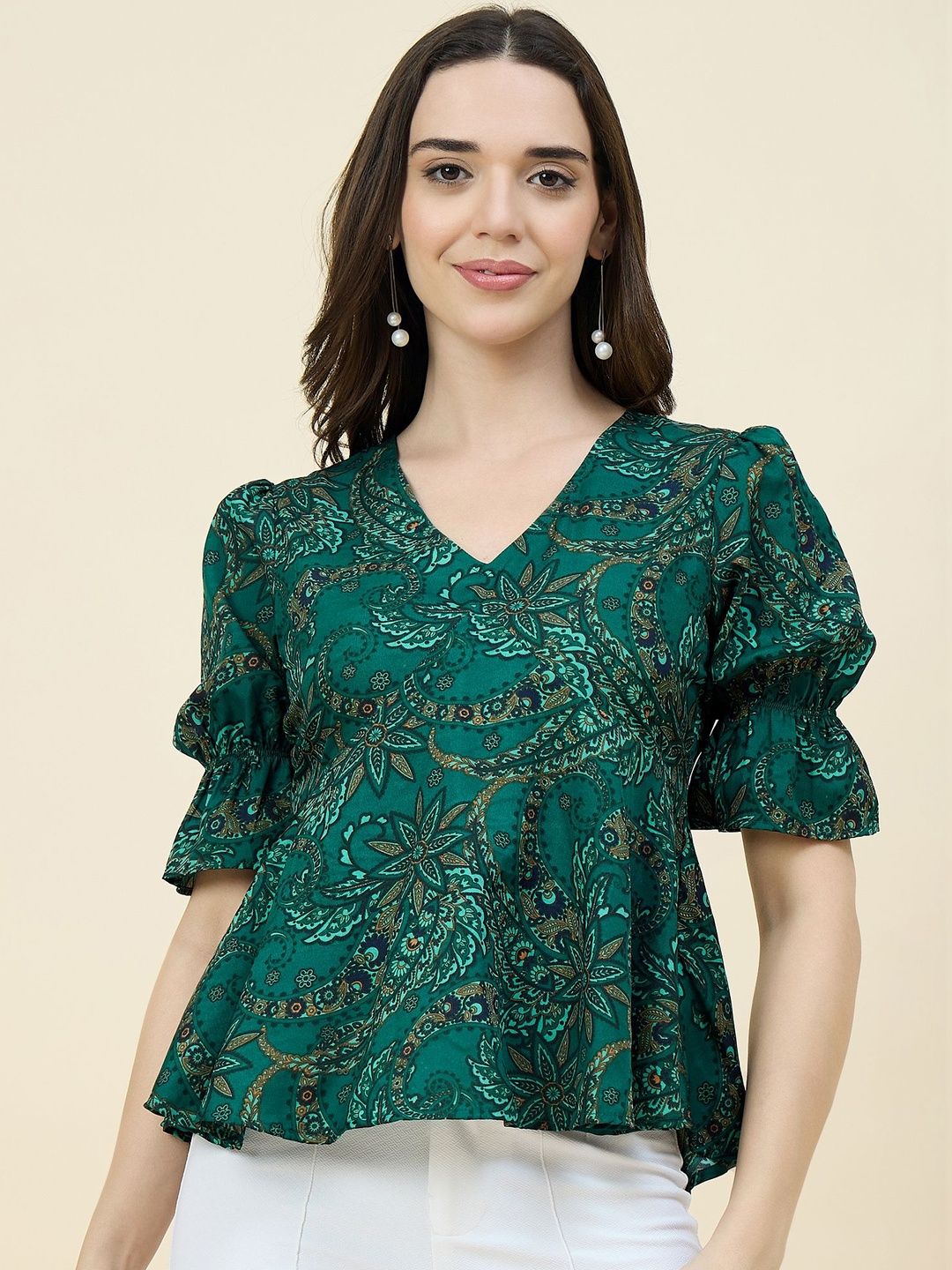 aayu Print Puff Sleeve Crepe Top-picture-14