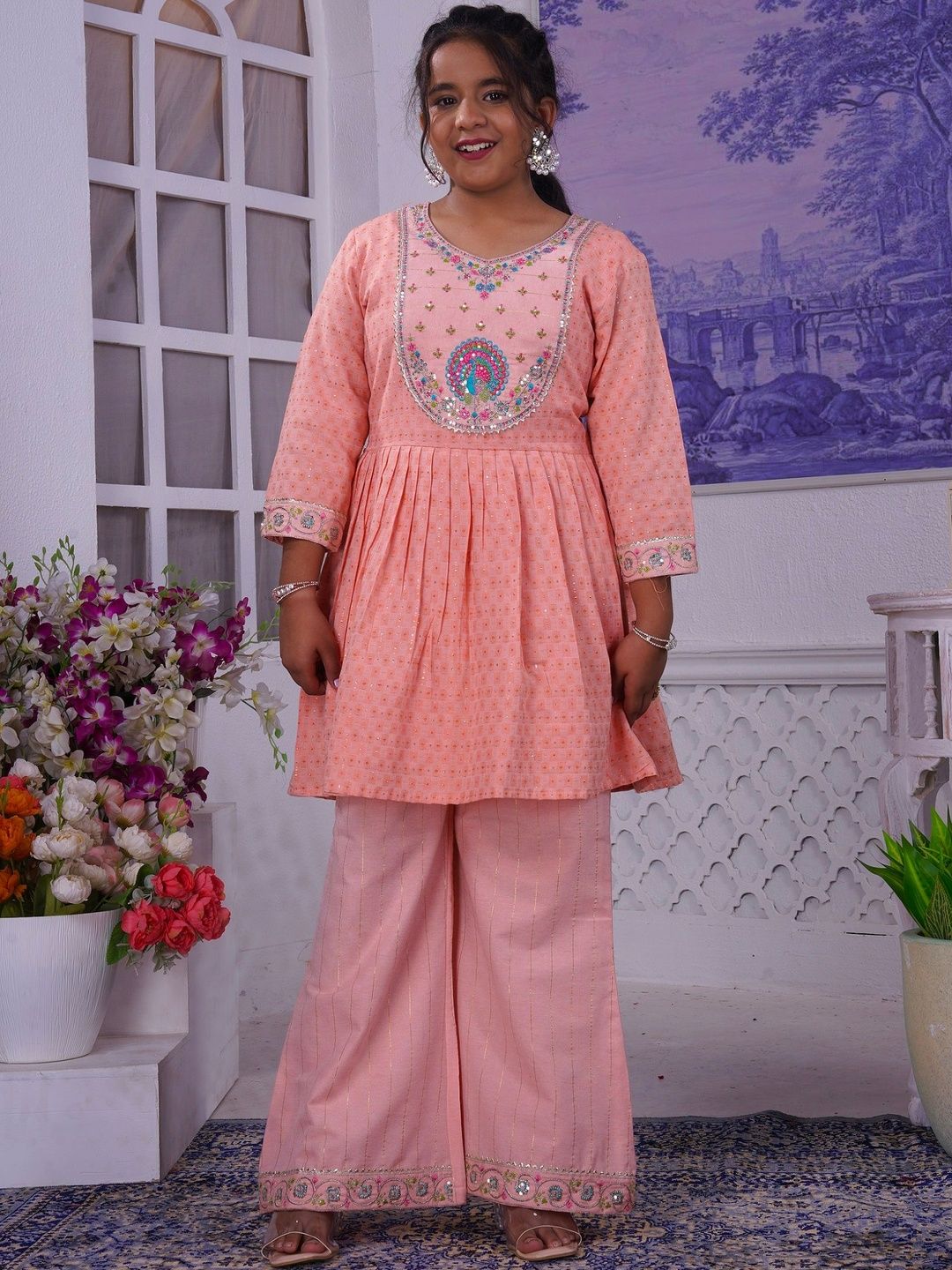 T4You Girls Ethnic Motifs Printed Empire Sequinned Kurta with Palazzos-picture-24