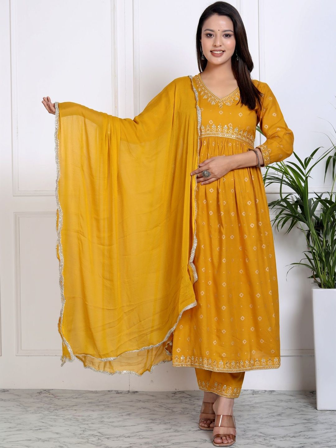 AF ASHA FABRICS Women Printed Empire Mirror Work Kurta with Trousers & With Dupatta-picture-35