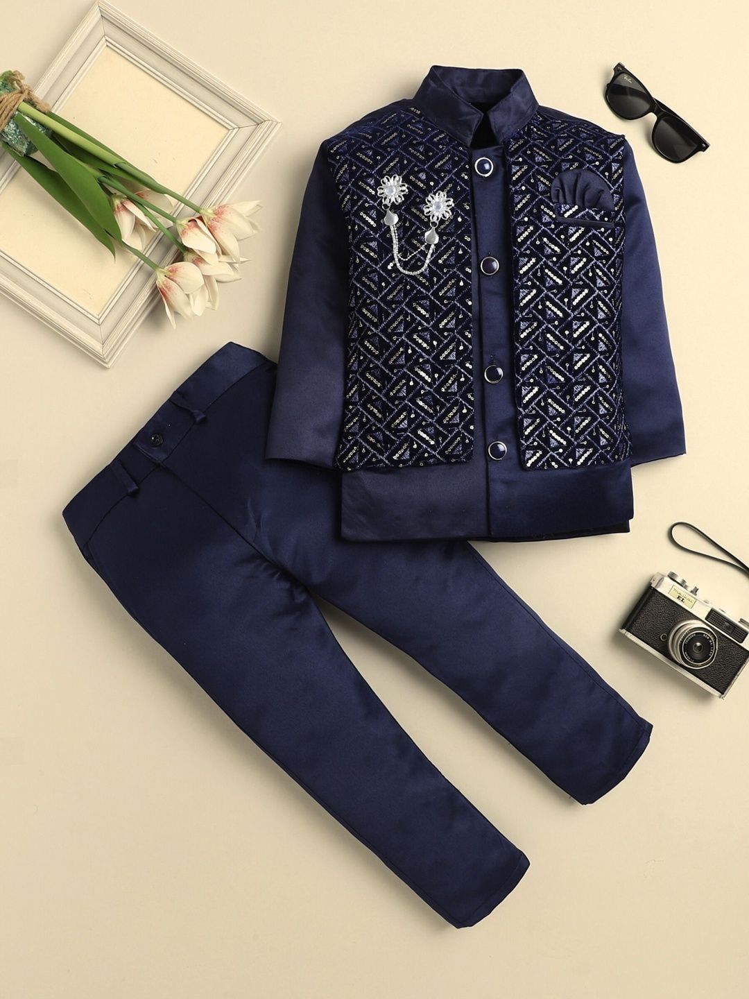 Sangria Boys Embroidered Mandarin Collar Sherwani Set-picture-38