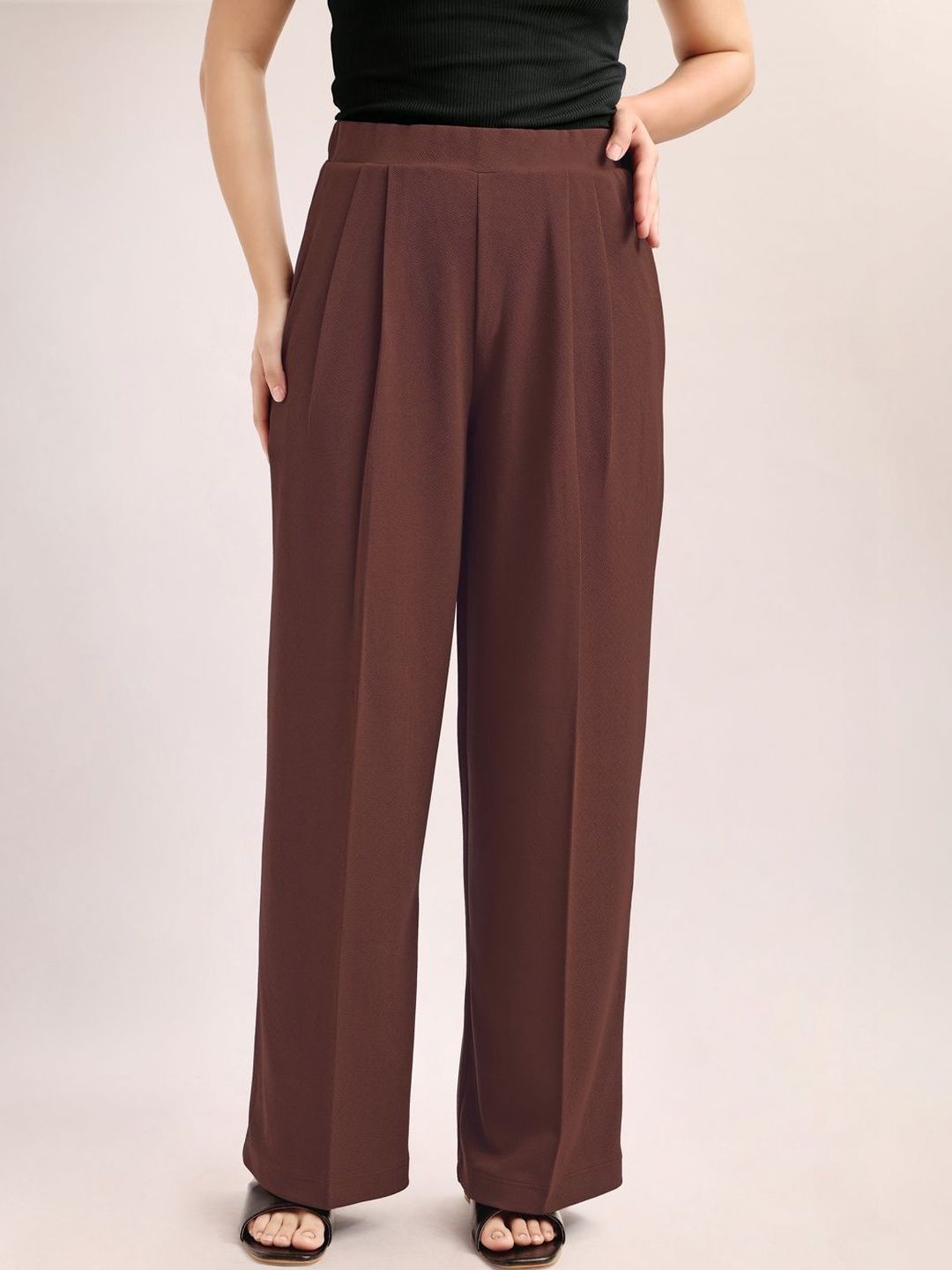 PURVAJA Women Relaxed Straight Leg Loose Fit High-Rise Easy Wash Pleated Trousers-picture-22