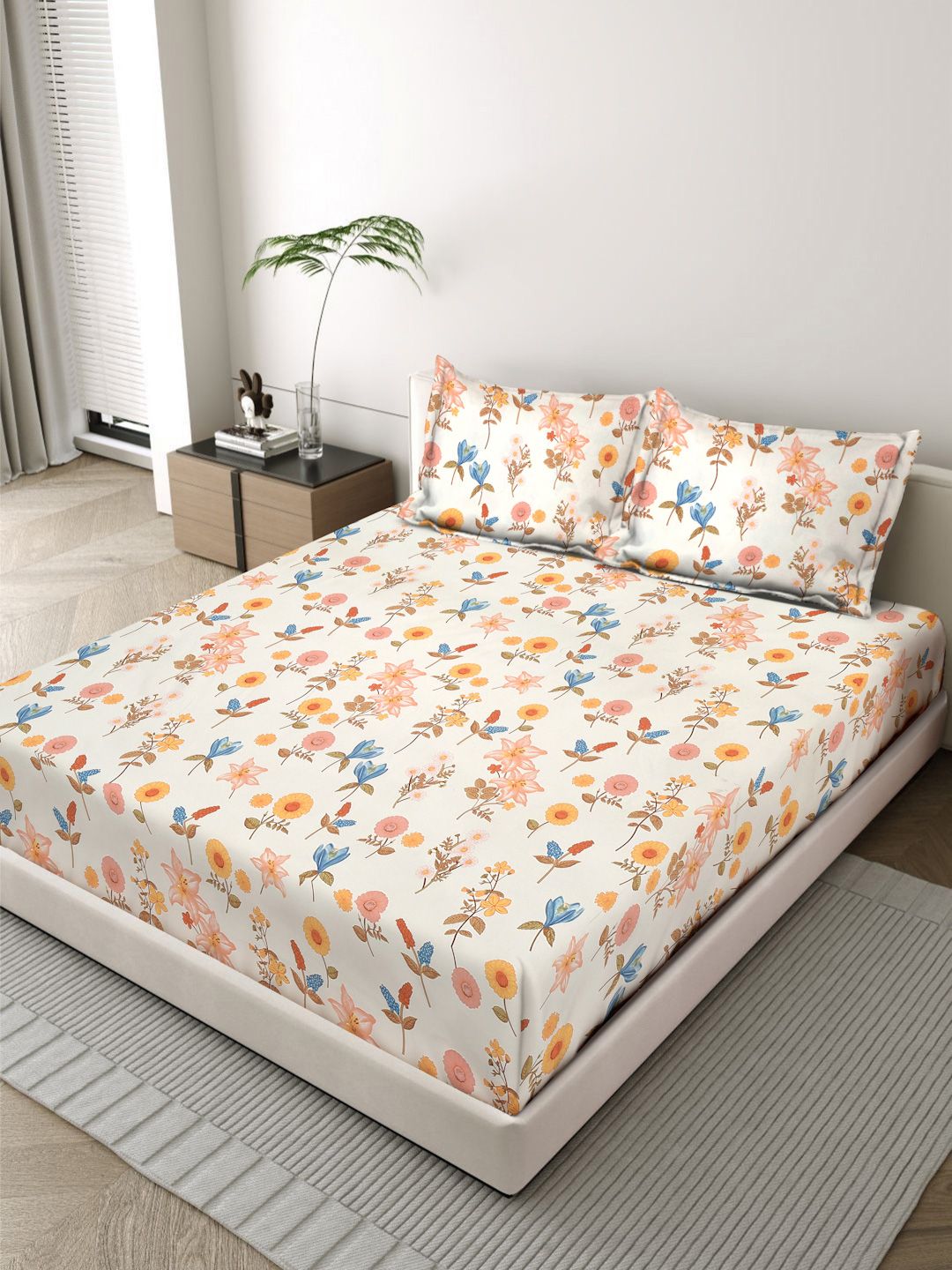 Status Off White Floral 300 TC Bedsheet with 2 Pillow Covers