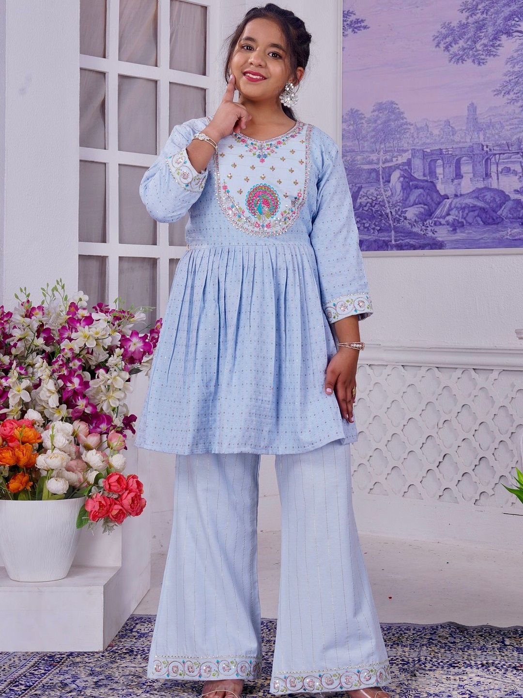 T4You Girls Ethnic Motifs Printed Panelled Thread Work Kurta with Palazzos-picture-55