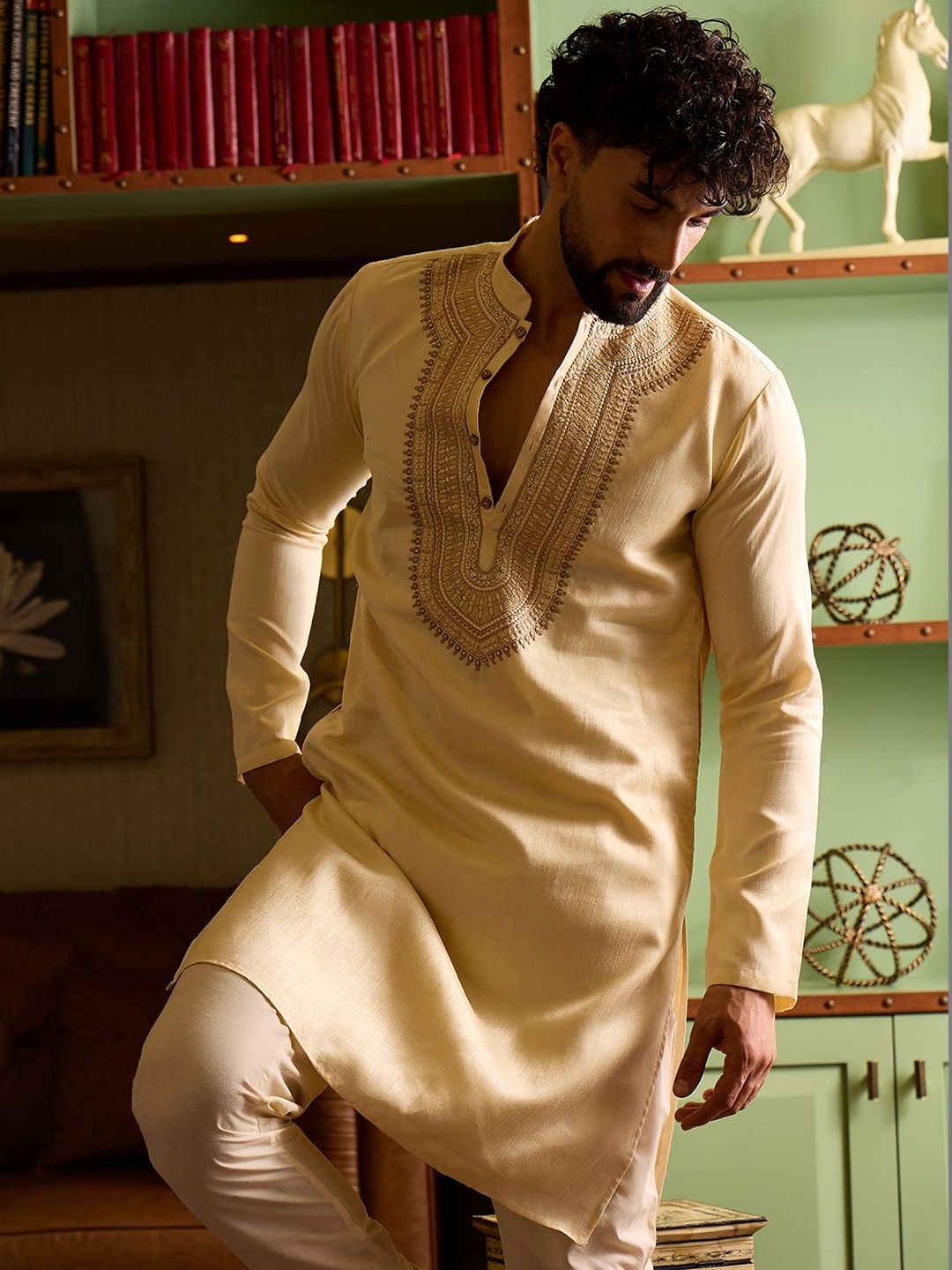 CHHAAP Men Floral Embroidered Regular Thread Work Kurta with Trousers-picture-12