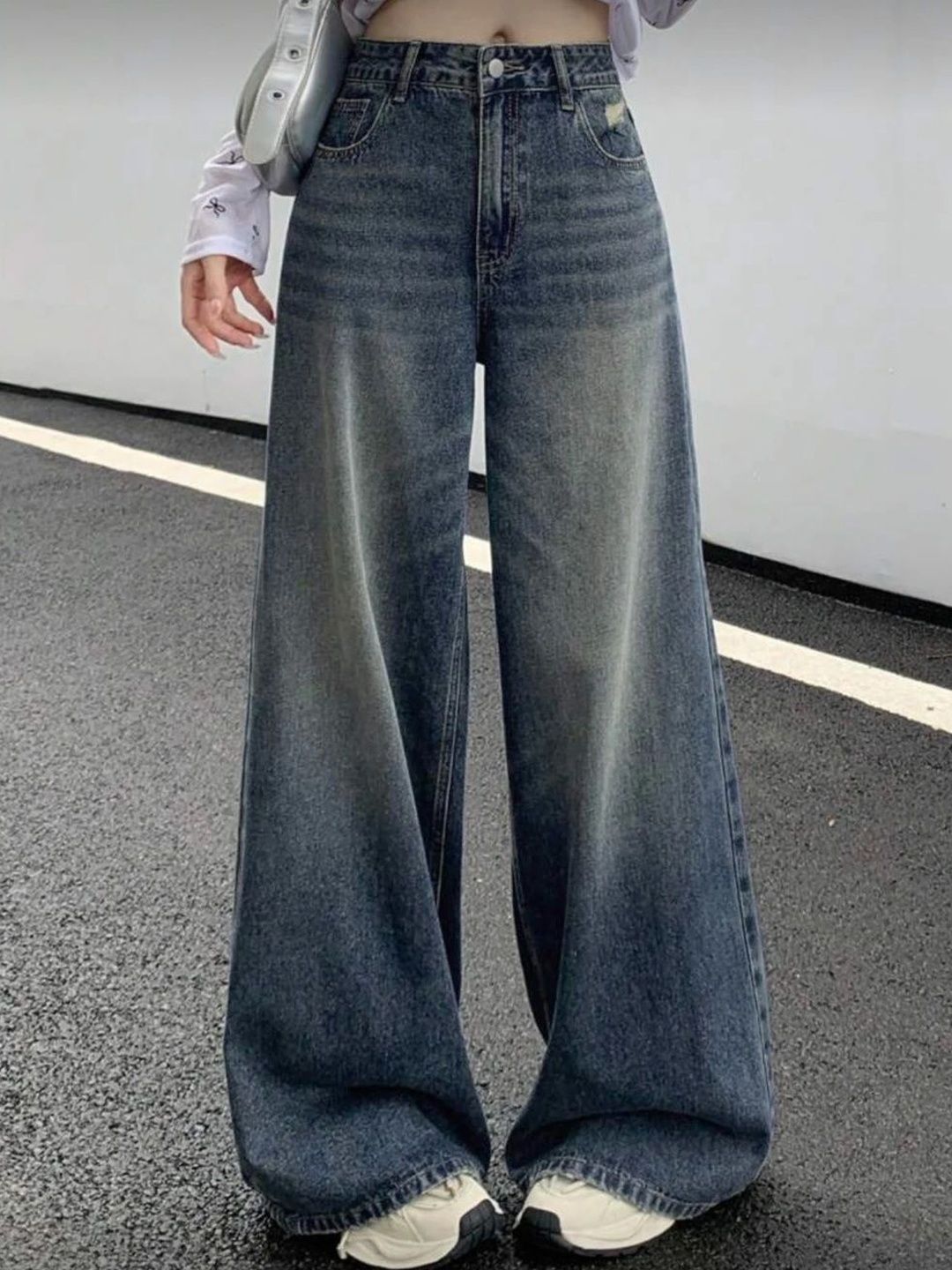 R.Code by The Roadster Life Co. Women Smart Wide Leg High-Rise Mildly Distressed Heavy Fade Stretchable Jeans