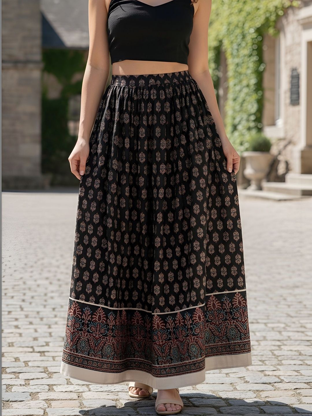 KEIYONA Printed Pure Cotton Maxi Flared Skirts-picture-26