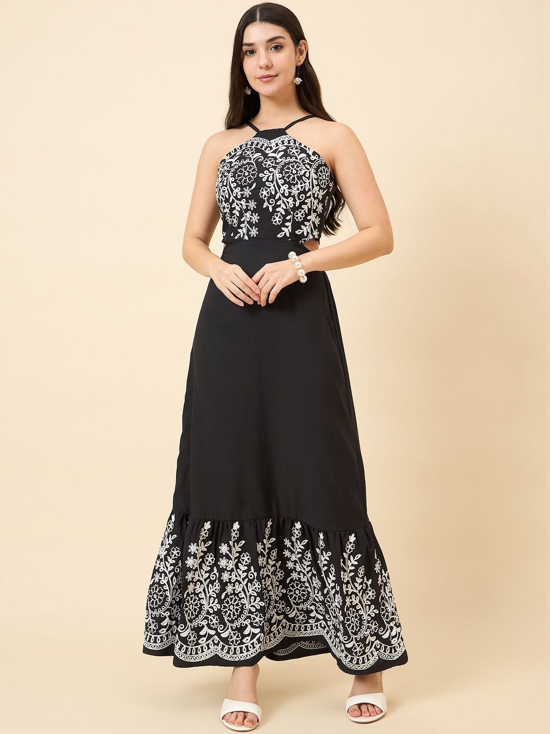 aayu Floral Embroidered Halter Neck A-Line Maxi Dress-image-10