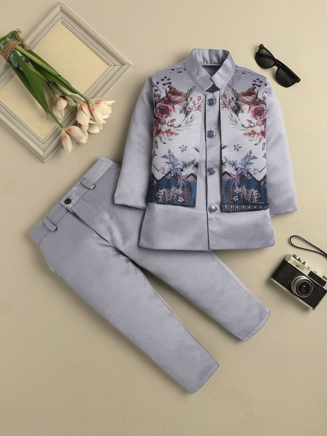 Sangria Boys Floral Printed Mandarin Collar Sherwani Set-picture-50