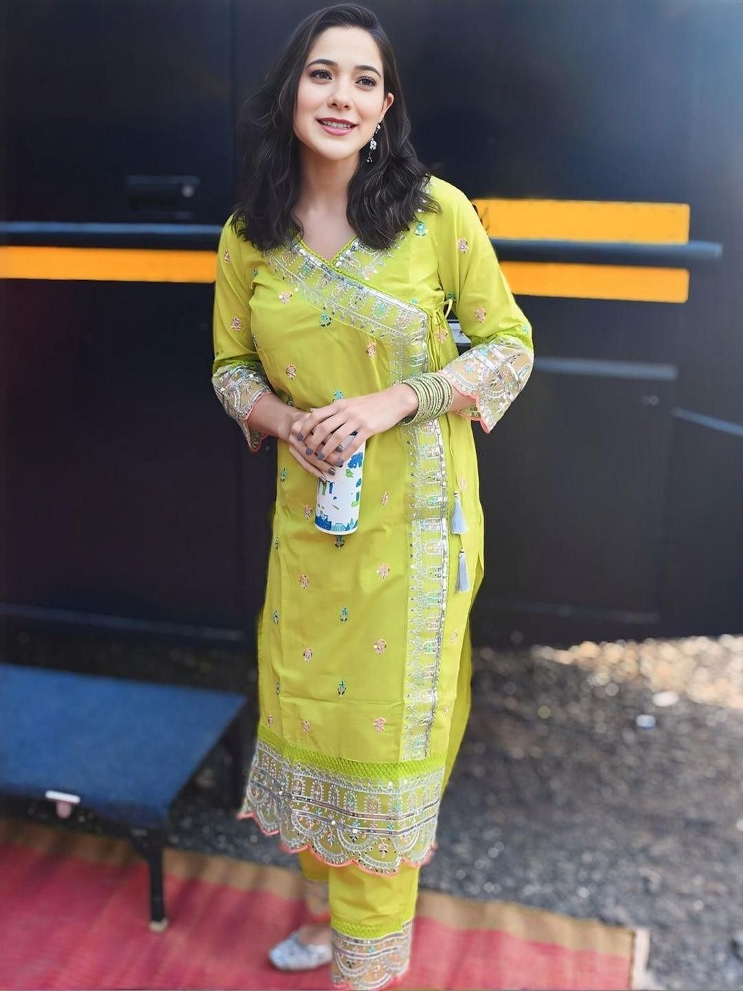 OASIS MART Women Ethnic Motifs Embroidered Angrakha Sequinned Kurta with Trousers-picture-22