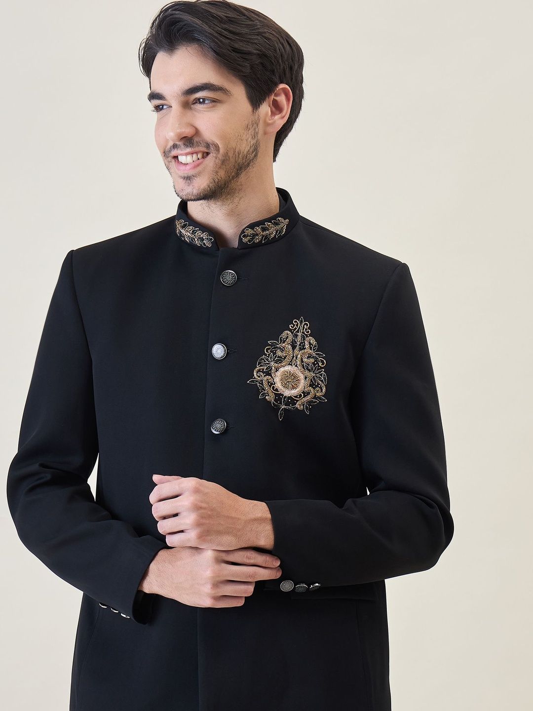 House of Pataudi Embellished Mandarin Collar Bandhgala Tailored Fit Party Blazers-picture-36