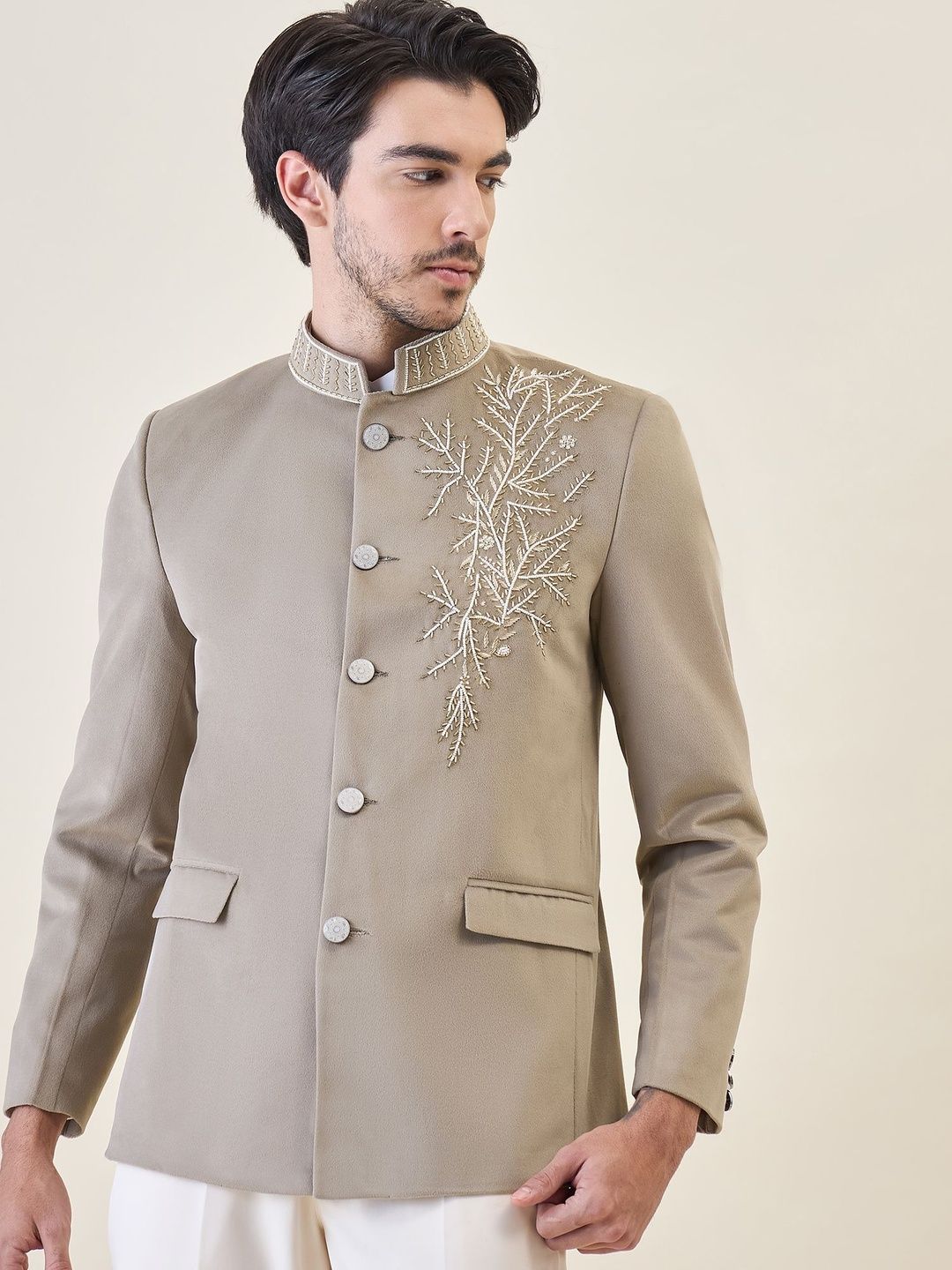 House of Pataudi Embellished Velvet Tailored-Fit Bandhgala Jodhpuri Two-Piece Party Suit-picture-34