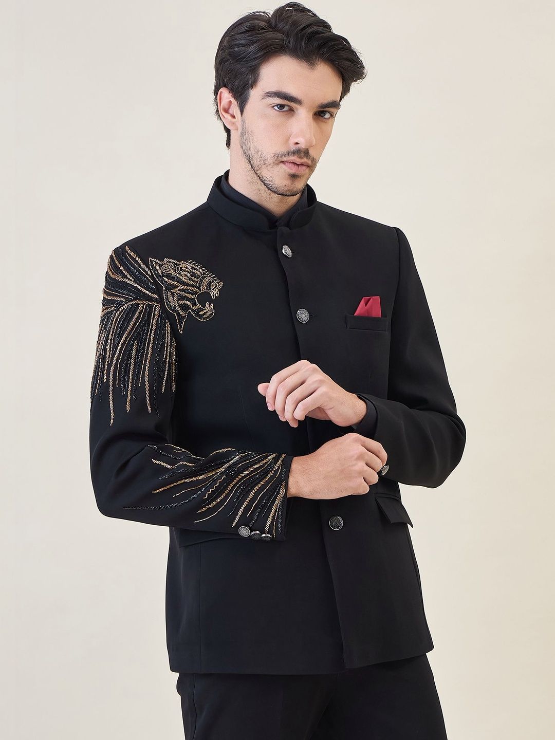 House of Pataudi Embellished Mandarin Collar Jodhpuri Tailored Fit Party Blazers-picture-30