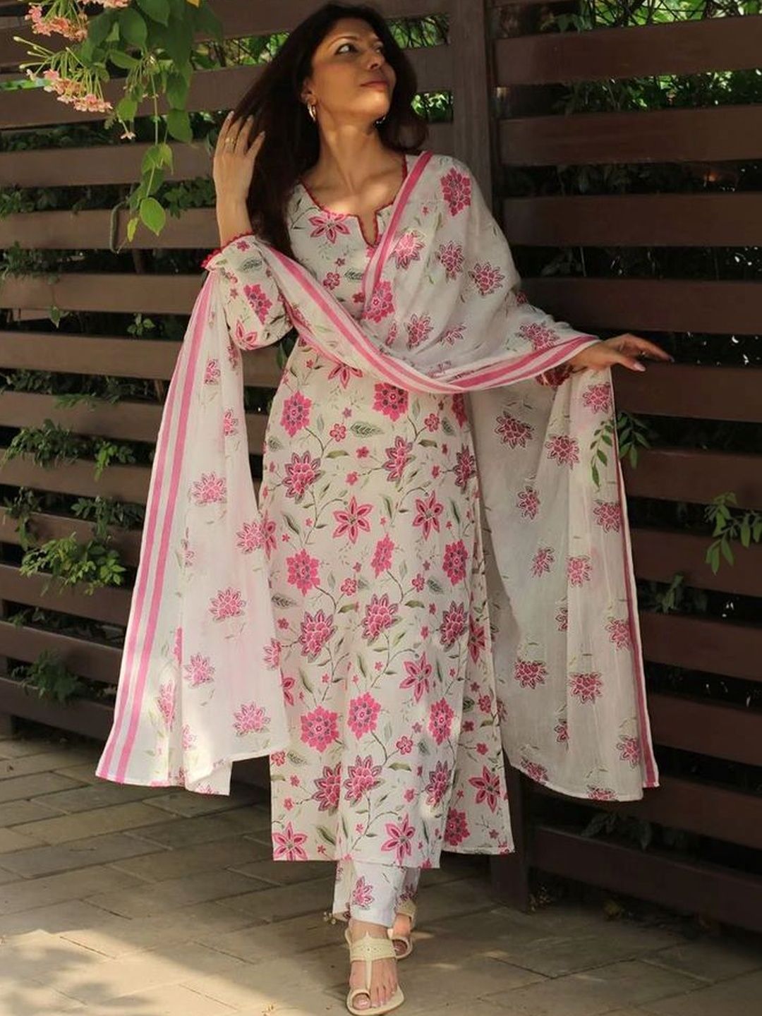 Moda Rapido Women Floral Printed Regular Chanderi Cotton Kurta with Trousers & With Dupatta-picture-40