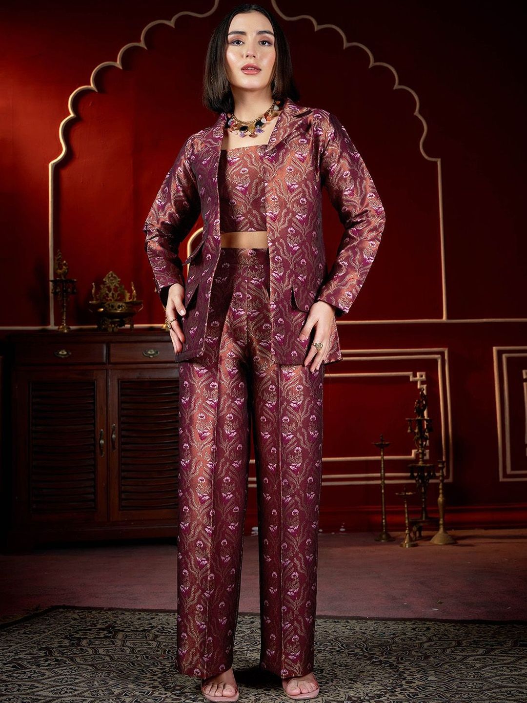 PURVAJA Printed Top Blazer With Trousers Co-Ords-picture-25