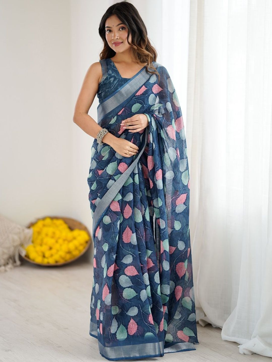 yourwish Floral Linen Blend Handloom Saree-picture-31