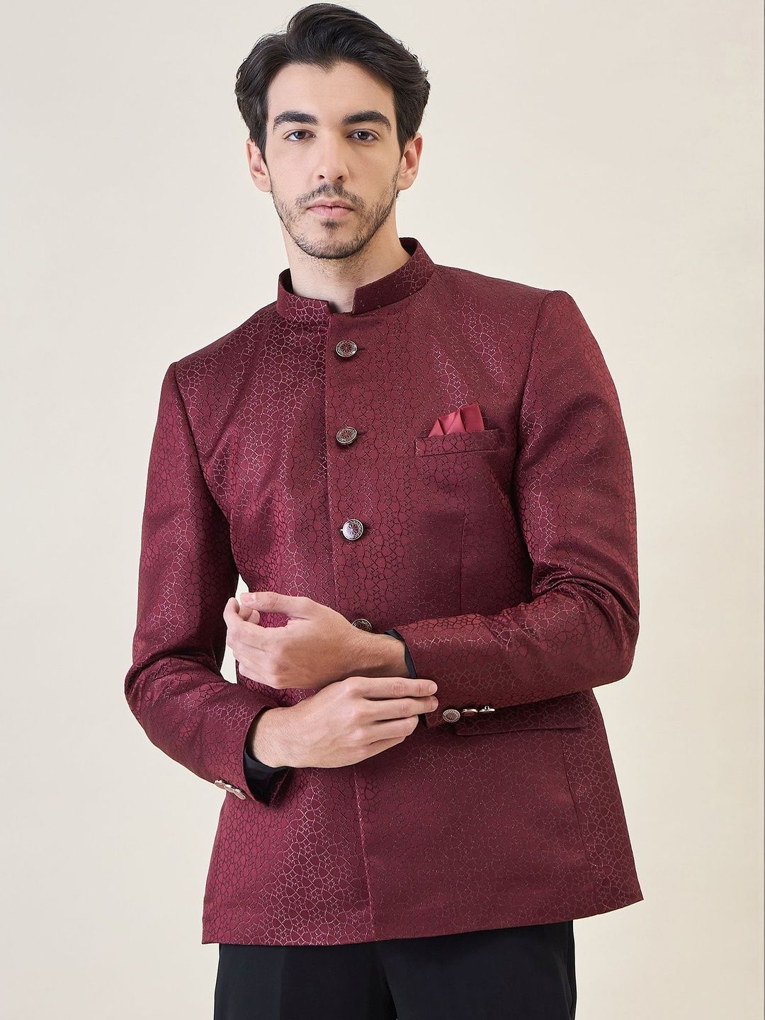House of Pataudi Men Self Design Tailored Fit Jodhpuri Bandhgala Blazers-picture-39