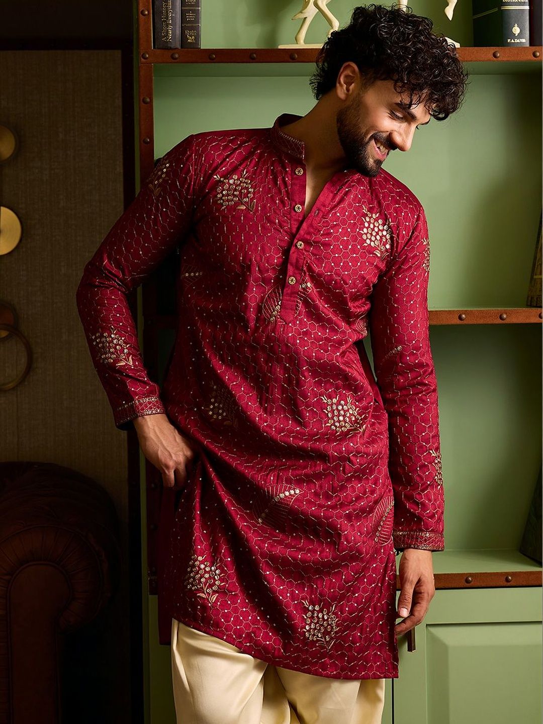 CHHAAP Men Floral Embroidered Sequinned Summer Sheers Kurta-picture-39