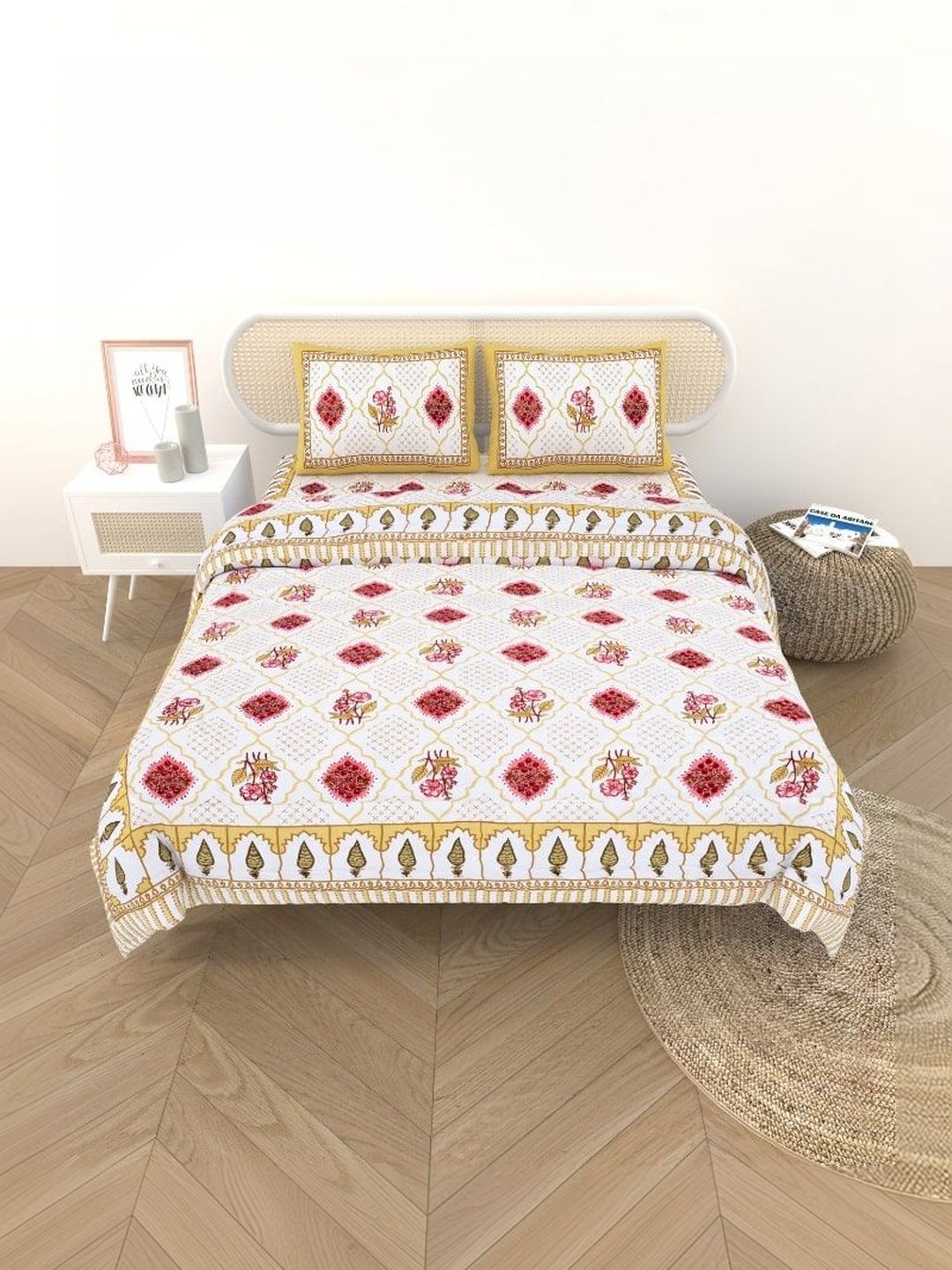 Gulaab Jaipur Yellow & White Ethnic Motifs Cotton 4 Piece Single Regular Bedding Set-picture-13