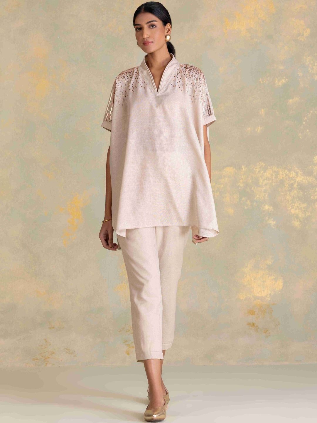 Kaveri Embellished Mandarin Collar Extended Sleeves Linen Kaftan Top-image-36