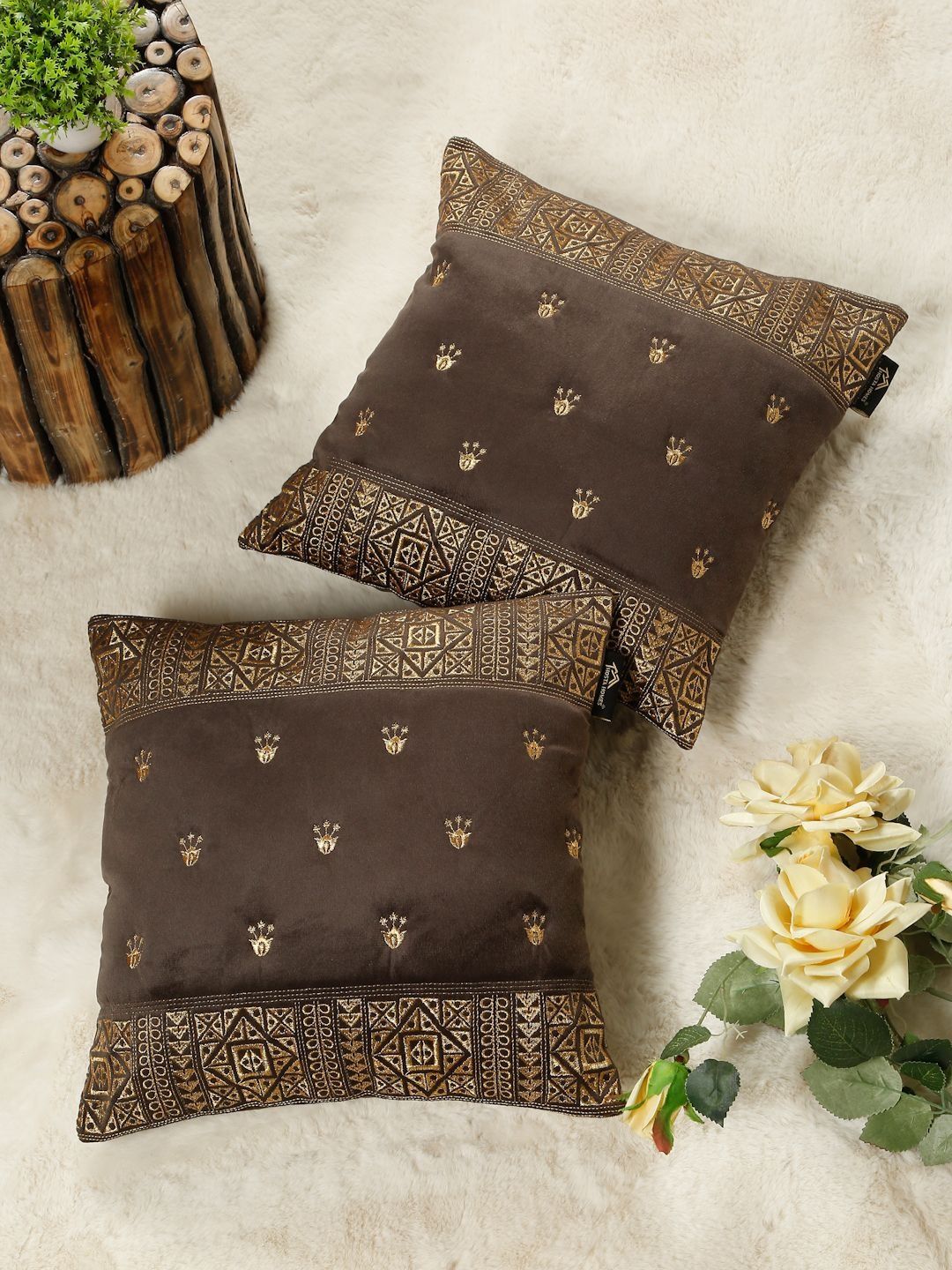 HOSTA HOMES Brown Set of 2 Embroidered Velvet Square Cushion Covers-picture-31