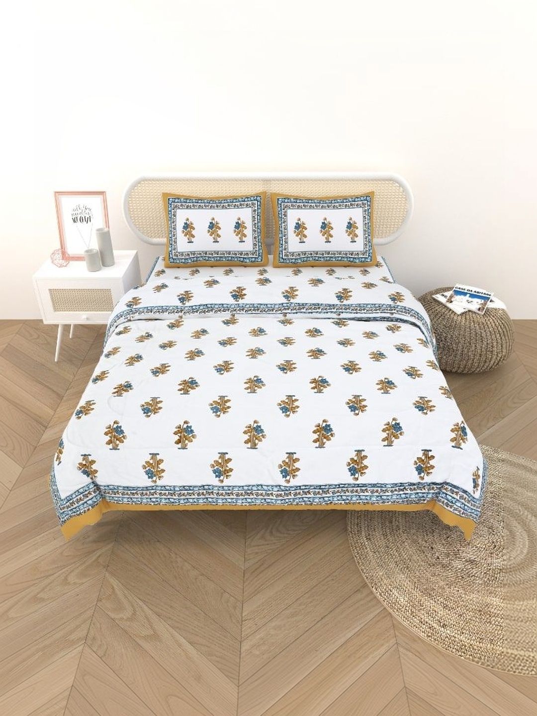 Gulaab Jaipur Blue & White Floral Cotton 4 Piece Single Regular Bedding Set-picture-35