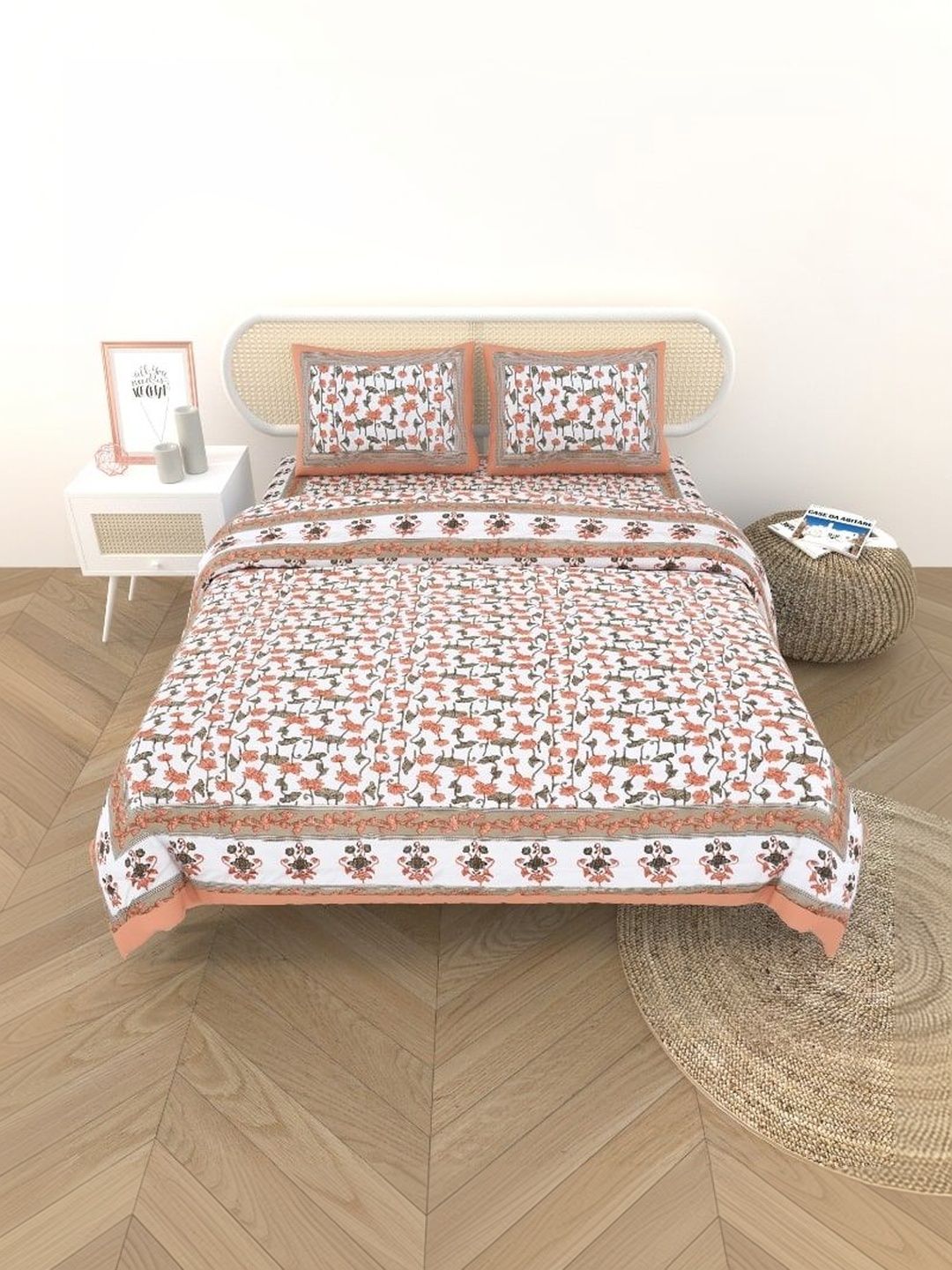 Gulaab Jaipur Orange & White Floral Cotton 4 Piece Single Regular Bedding Set-picture-42