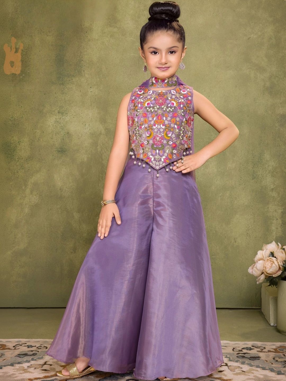 Lagorii Girls Floral Embroidered Regular Thread Work Kurta with Palazzos-picture-16