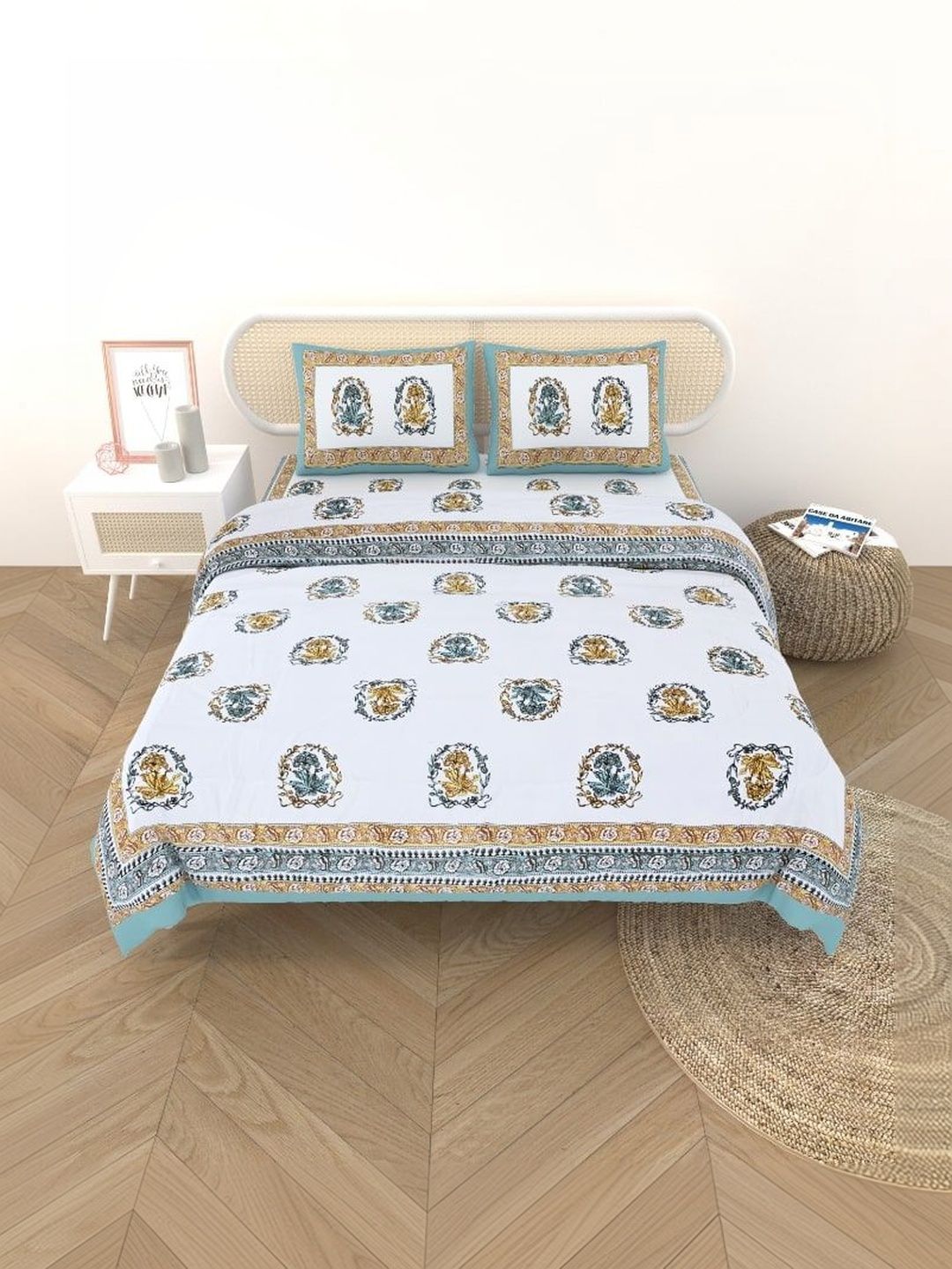 Gulaab Jaipur Blue & White Ethnic Motifs Cotton 4 Piece Single Regular Bedding Set-picture-36