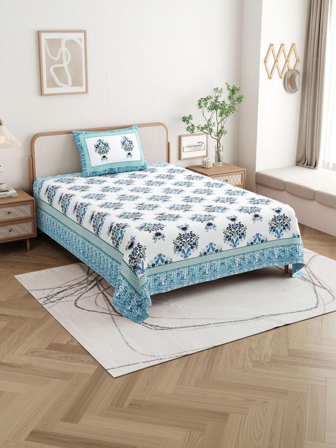 CLOTHOLOGY White & Navy Blue Floral 180 TC Single Bedsheet with 1 Pillow Covers-picture-26