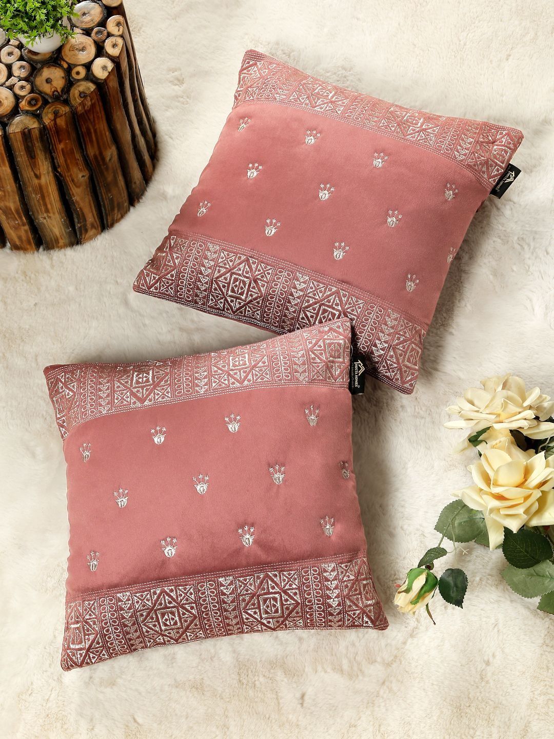 HOSTA HOMES Peach-Coloured Set of 2 Embroidered Velvet Square Cushion Covers-picture-3