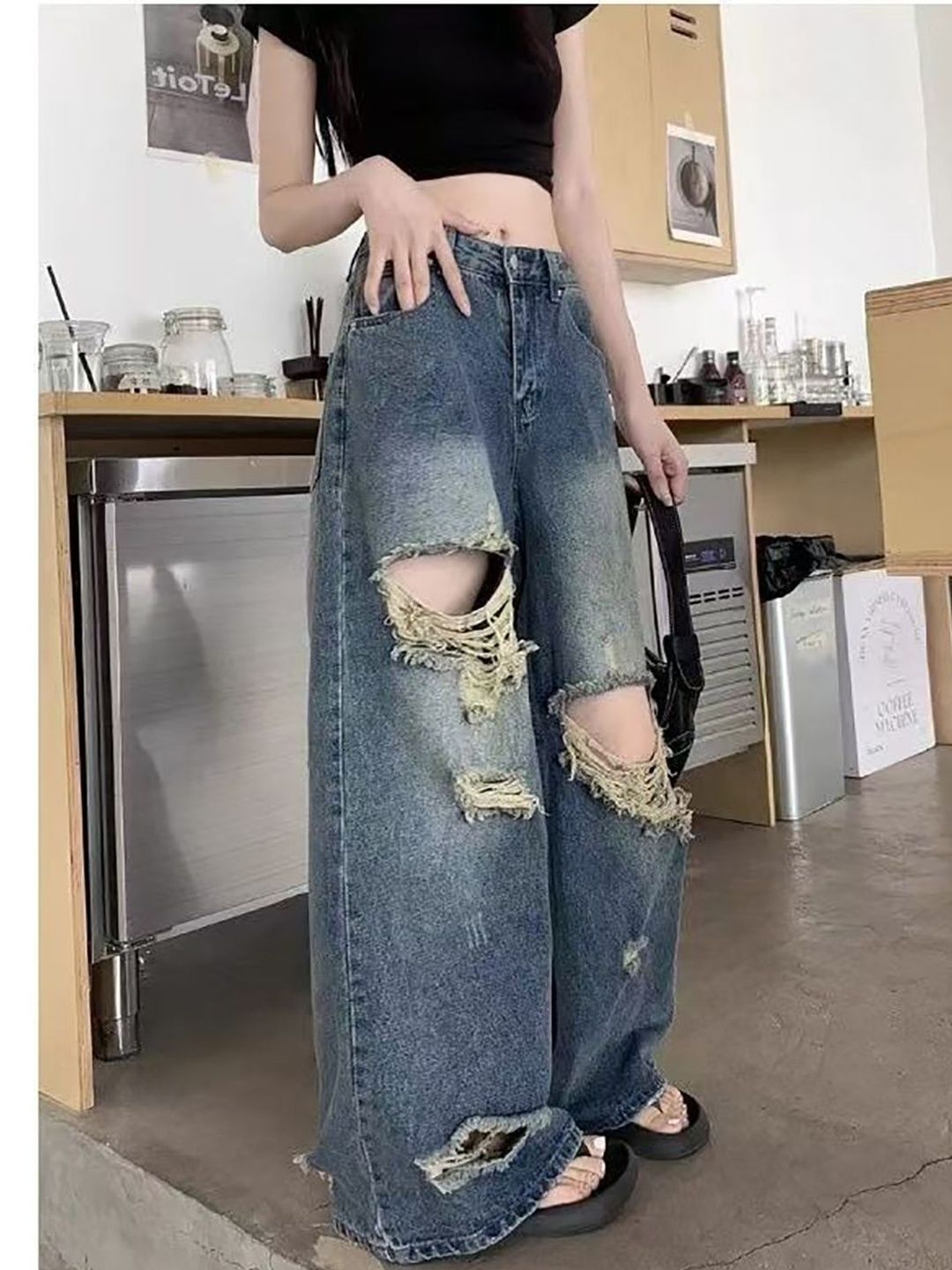 StyleCast Women Wide Leg High-Rise Low Distress Light Fade Jeans-picture-39