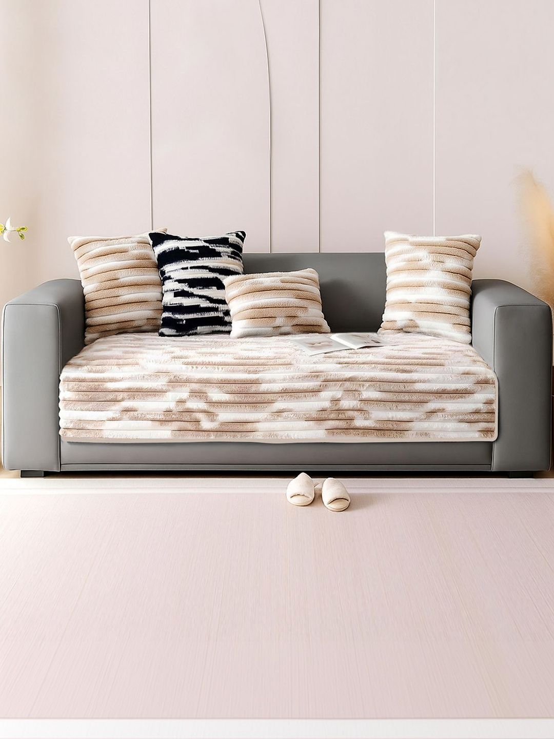 GLASSIANO Grey & Cream-Coloured Striped Polyester 1 Piece Sofa Cover-image-30