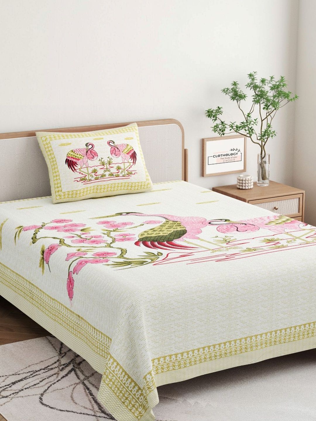 CLOTHOLOGY White & Pink Floral 180 TC Single Bedsheet with 1 Pillow Covers-picture-50