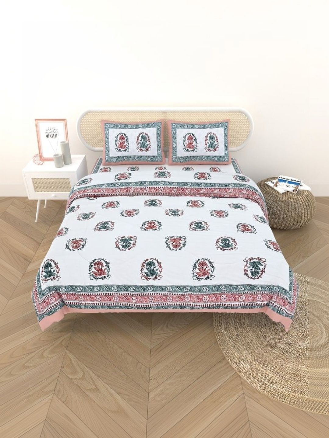 Gulaab Jaipur Blue & Pink Floral Cotton 4 Piece Single Regular Bedding Set-image-34