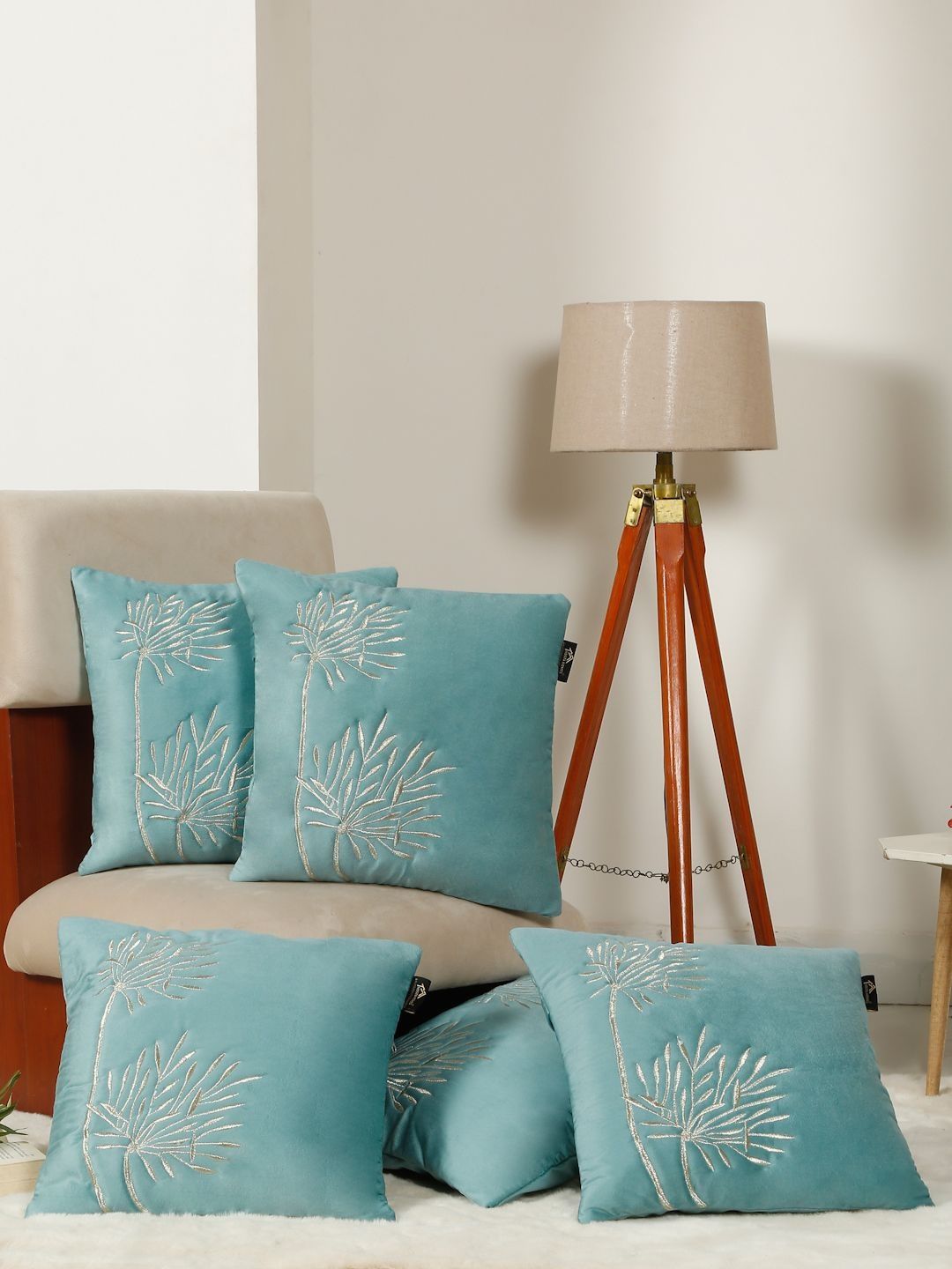 HOSTA HOMES Blue Set of 5 Embroidered Velvet Square Cushion Covers-picture-41