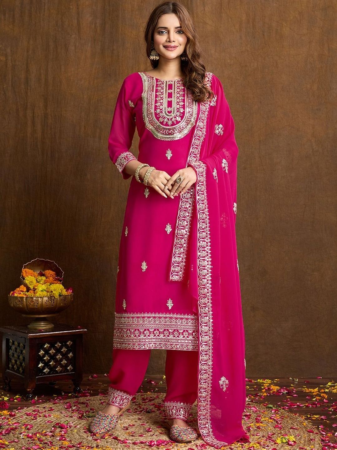 JIYASIYA Women Ethnic Motifs Embroidered Regular Sequinned Kurta with Salwar & With Dupatta-picture-38